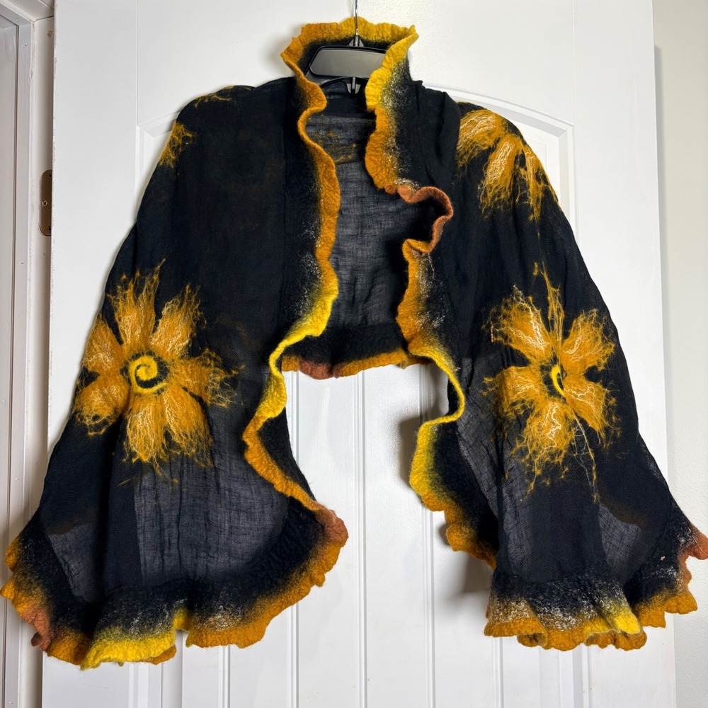 Handmade Nuno Felted Sunflower Shawl Women OS Black Yellow Ruffle Trim Wrap